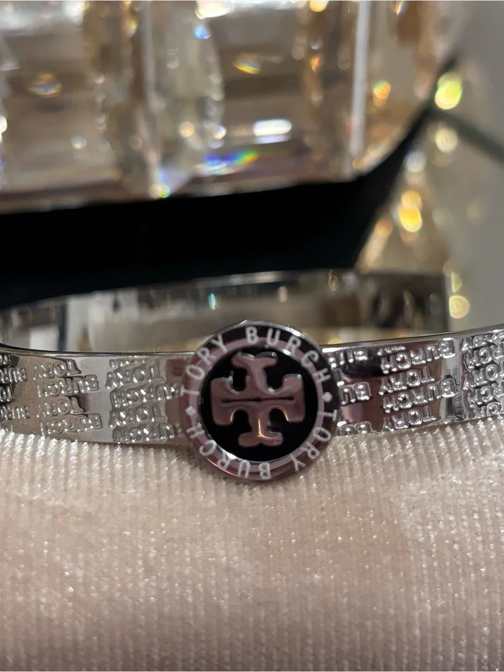 Tory Burch Silver-Tone Bracelet with Black Enamel Logo